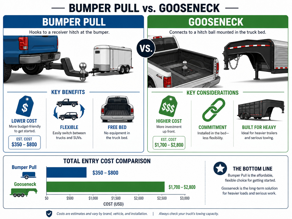 Bumper pull versus gooseneck hitch cost and flexibility comparison infographic.
