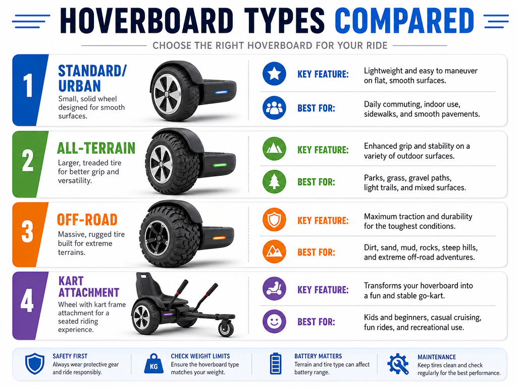 Comparison chart of urban, all-terrain, off-road, and kart hoverboard types.