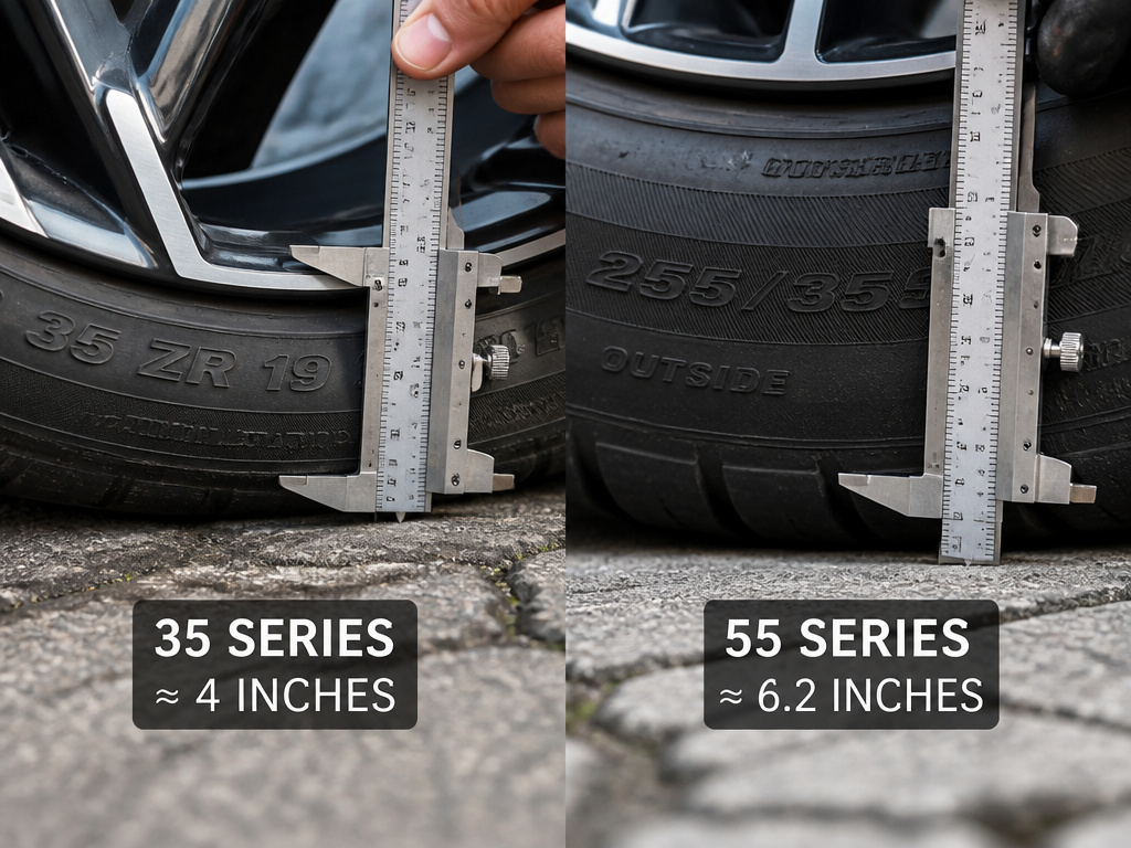 Close-up comparison of a low-profile 35-series tire sidewall versus a taller tire.