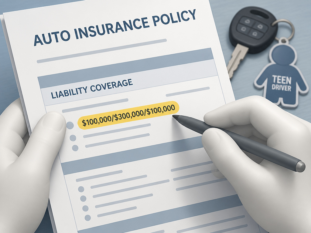 Adult reviewing increased auto liability limits after adding a teen driver.