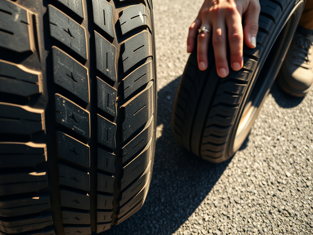 Winter tire vs summer tire tread deformation on hot asphalt in summer.
