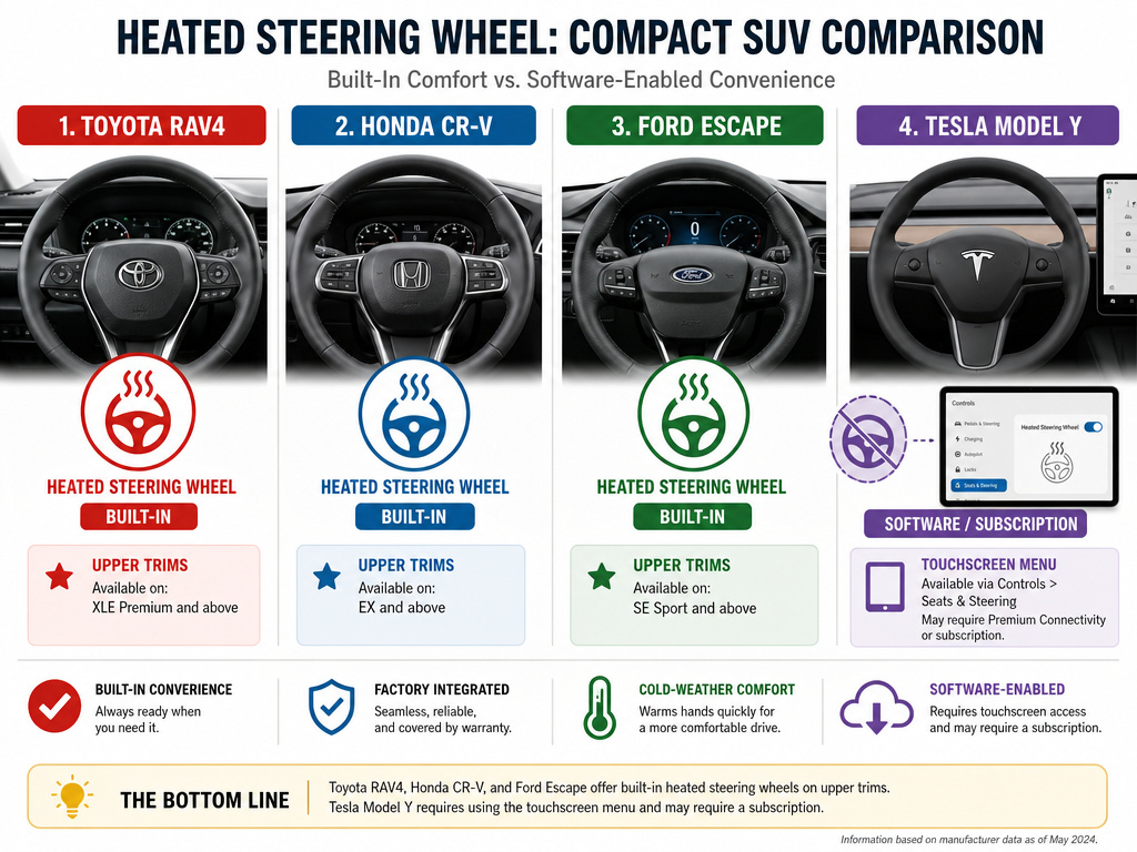 Comparison of heated steering wheel availability in RAV4 vs CR-V, Escape, and Tesla.
