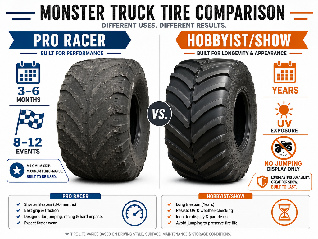 Professional versus hobbyist monster truck tire lifespan comparison infographic.