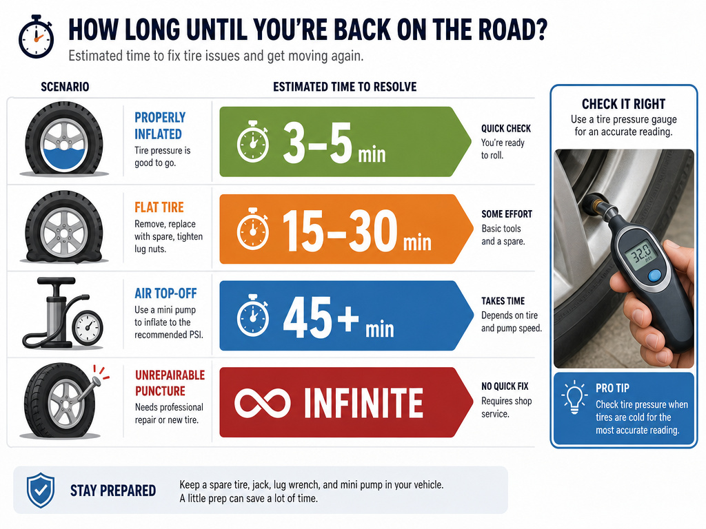 Realistic timeline infographic for inflating a car tire with a bicycle pump.