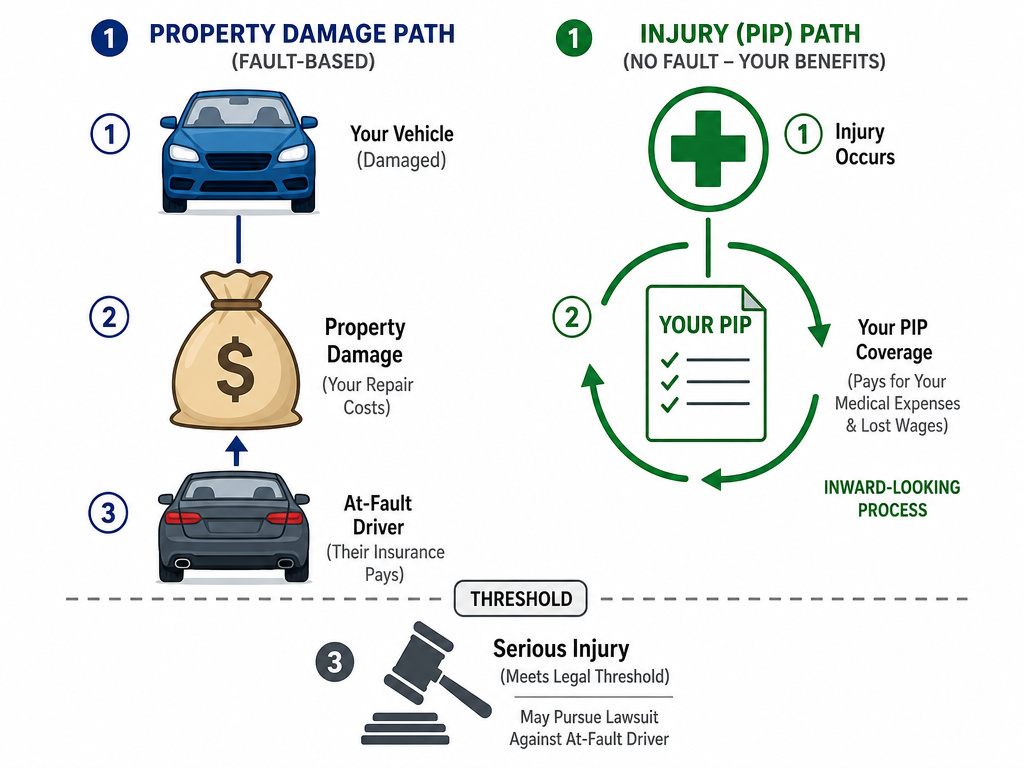 Diagram showing how no-fault insurance splits car accident claims into two separate processes.