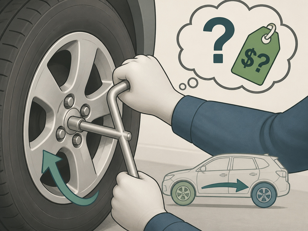 Mechanic performing a tire rotation with a question mark over cost