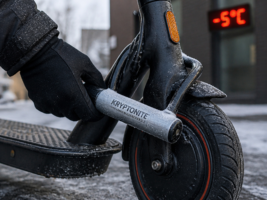Locking an electric scooter with a U-lock in freezing winter conditions.