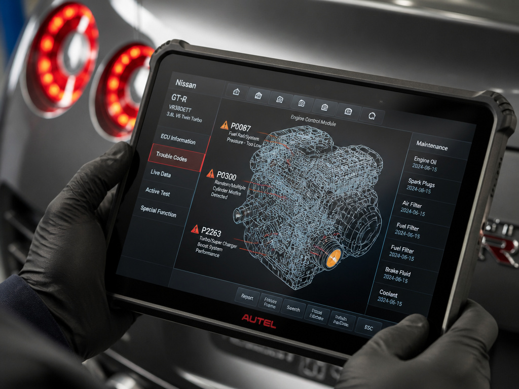 Nissan GT-R specialist technician performing a mandatory diagnostic inspection
