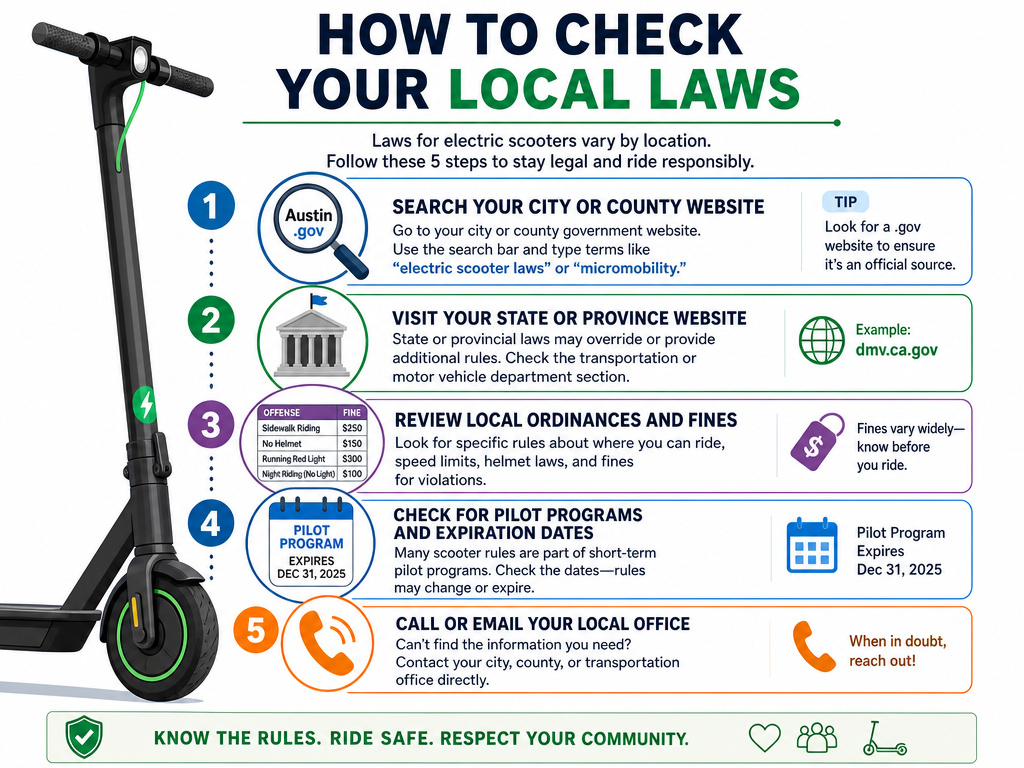 Infographic with steps to research local electric scooter sidewalk laws.