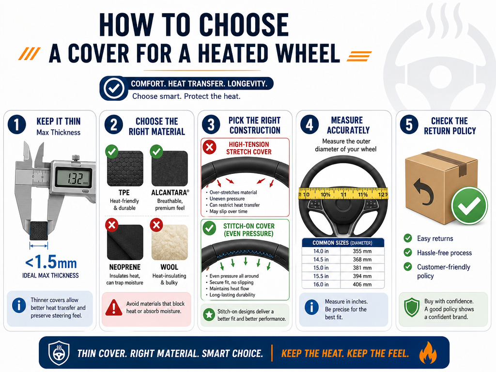 Infographic checklist for choosing a heated steering wheel cover safely.