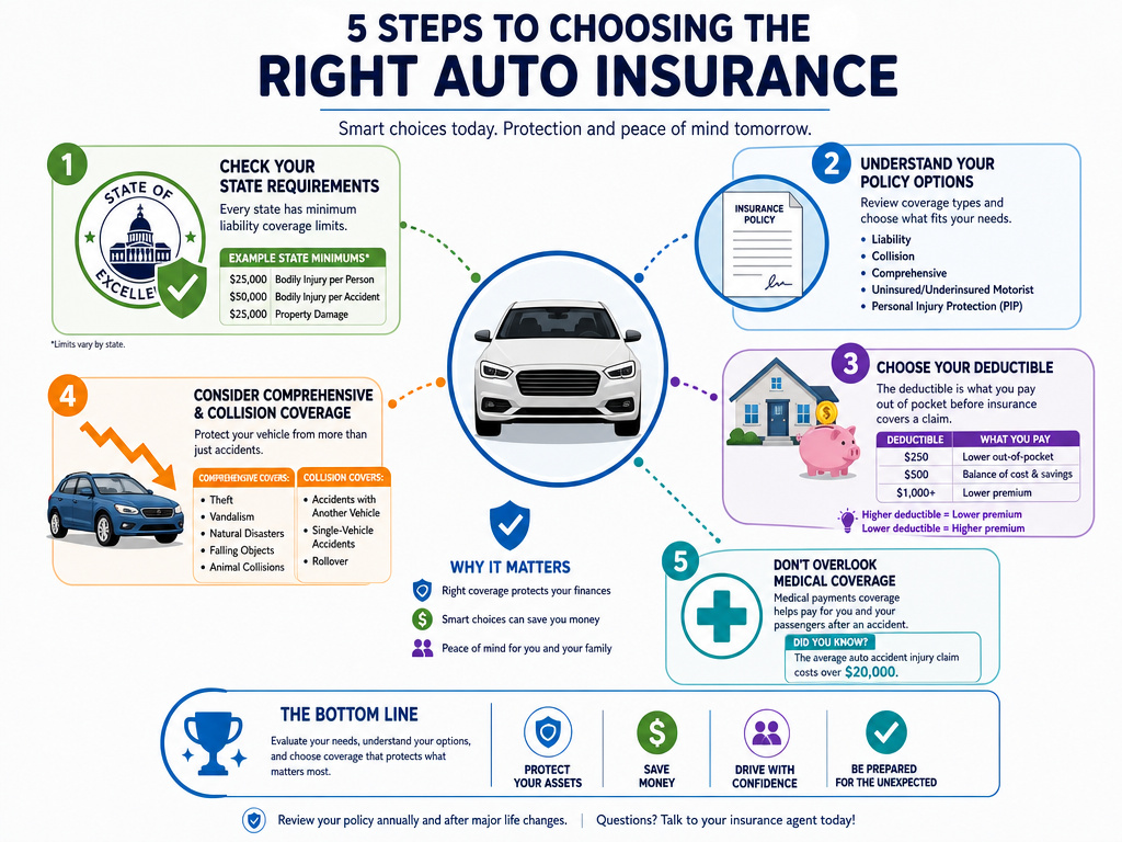 Infographic showing five steps for choosing the right auto insurance types.