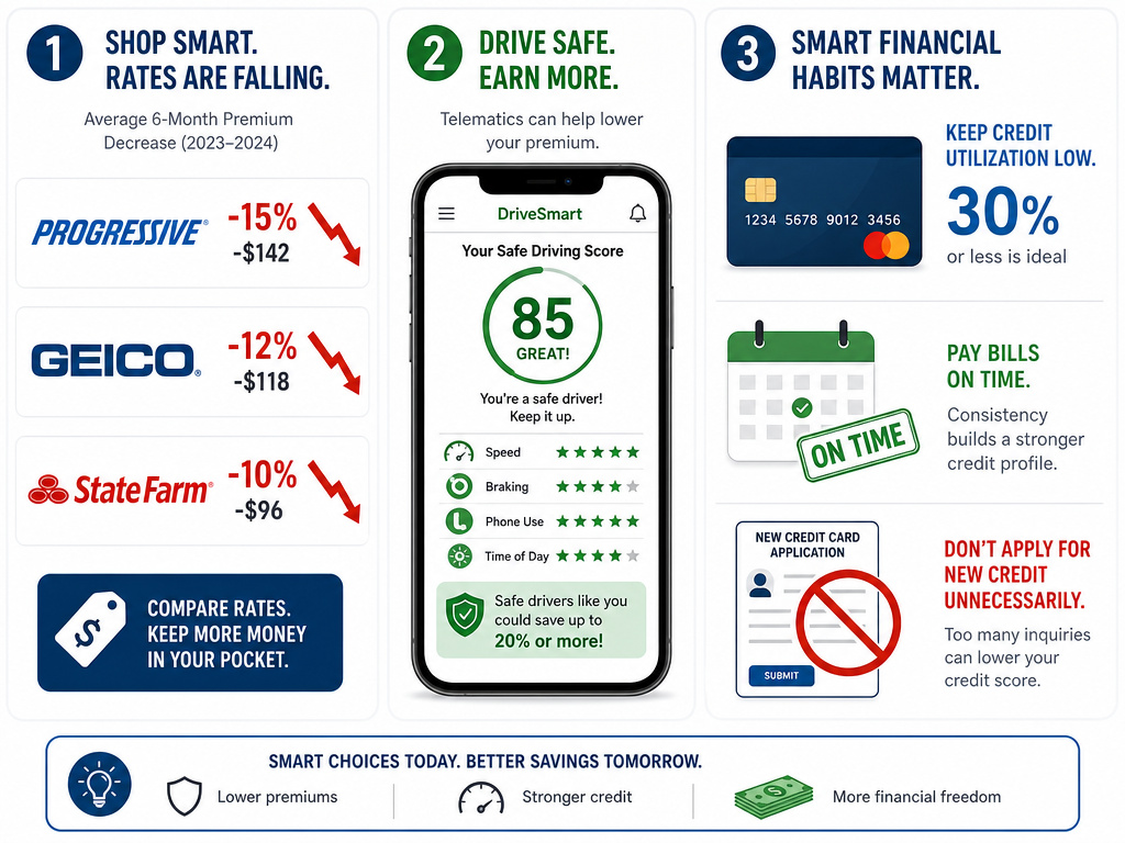 Infographic showing three ways to lower car insurance costs.