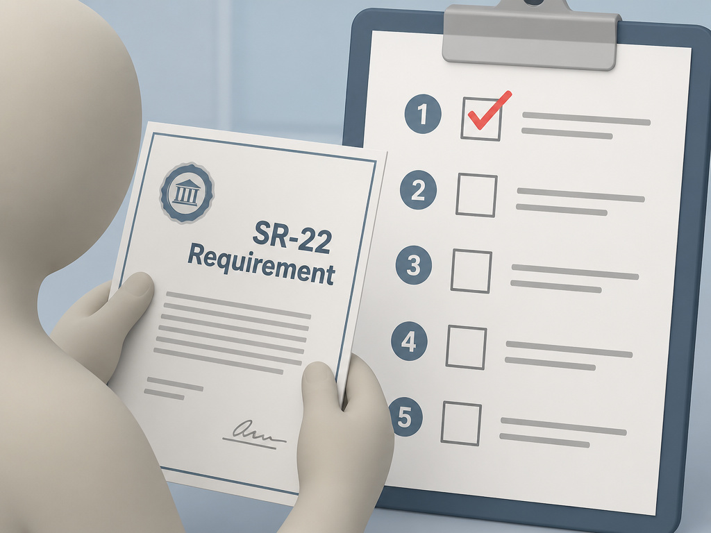 Close-up of a DMV SR-22 requirement letter and a step-by-step checklist.