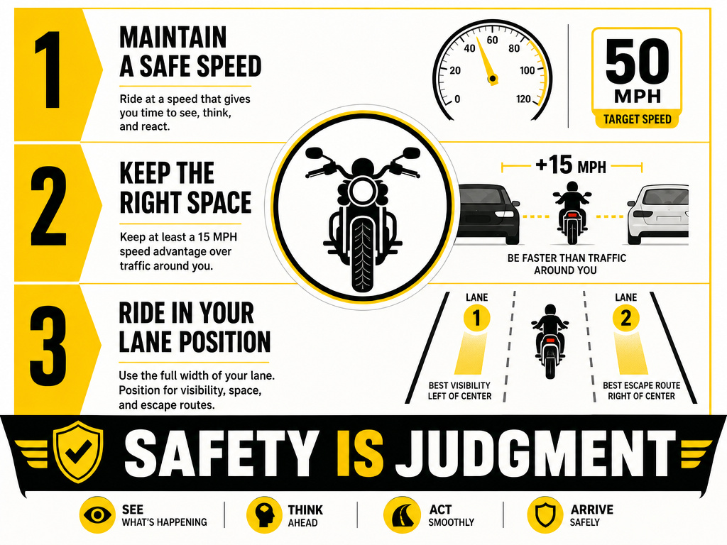 Infographic showing key lane splitting safety rules for motorcyclists.