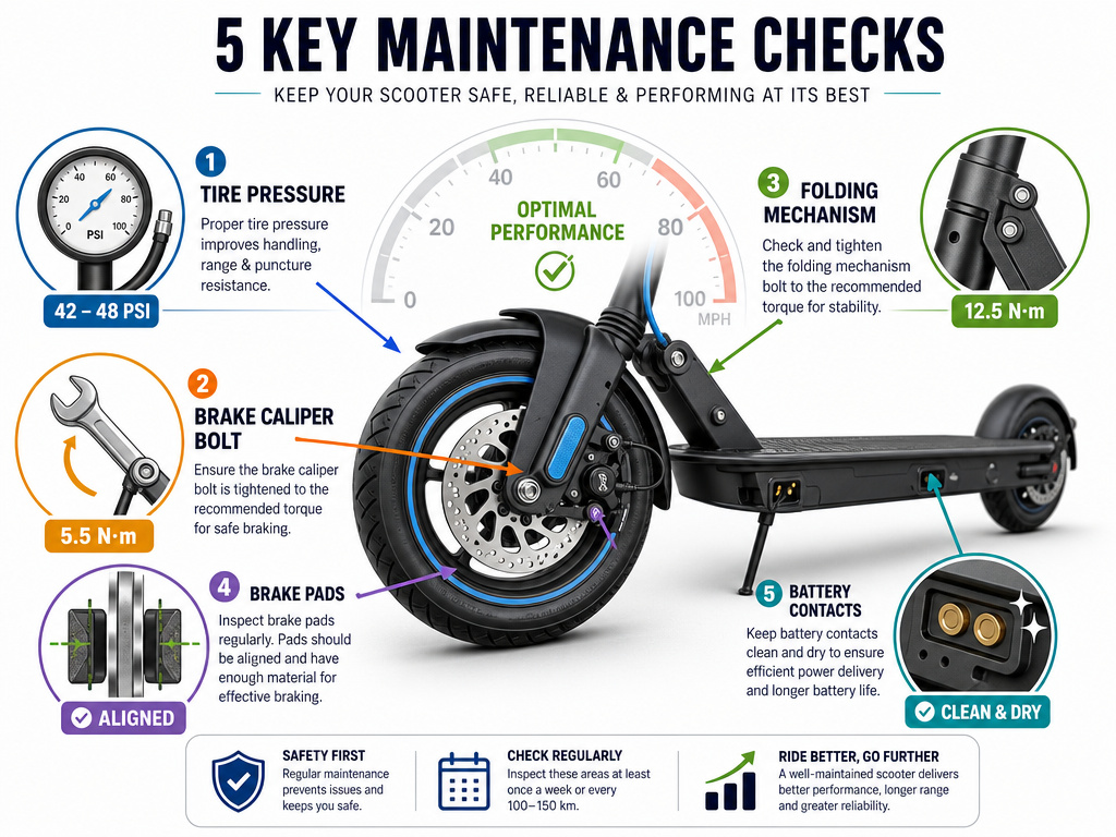 Electric scooter maintenance infographic for preserving speed and battery range.
