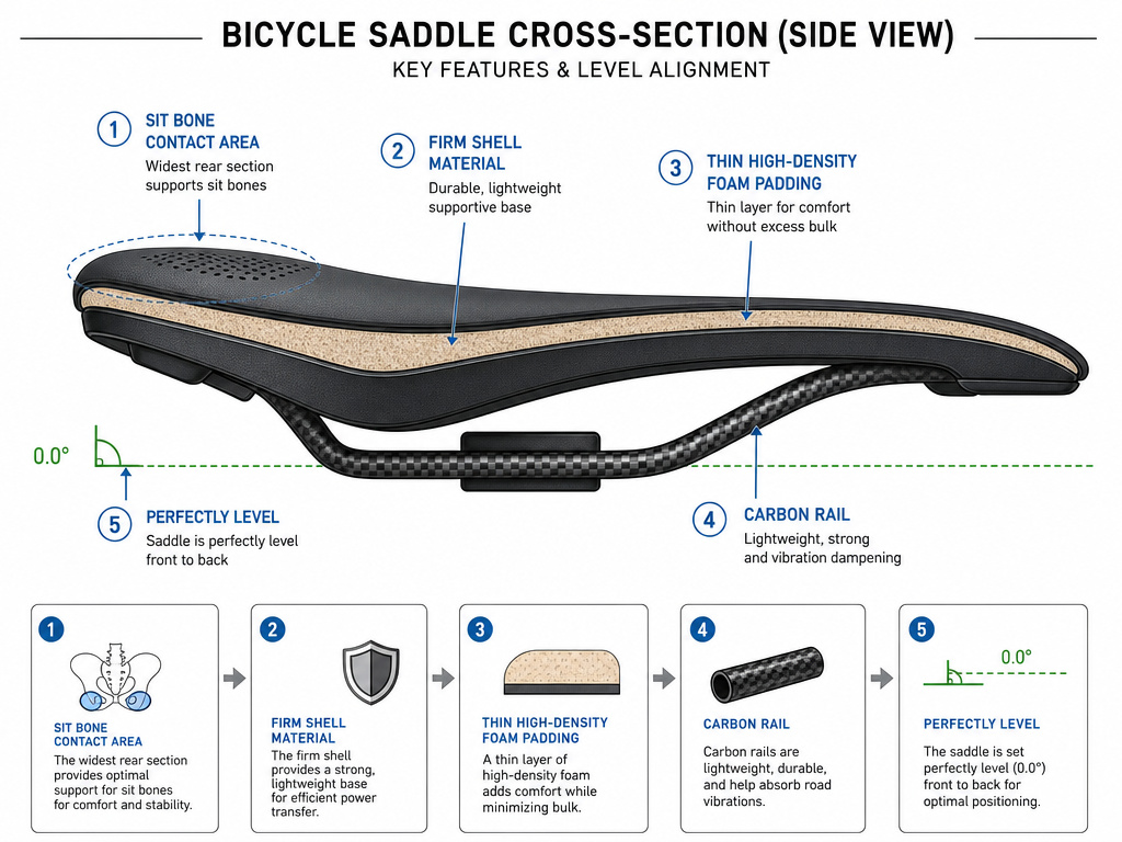 Detailed bicycle saddle diagram highlighting key parts and level tilt for fitting.