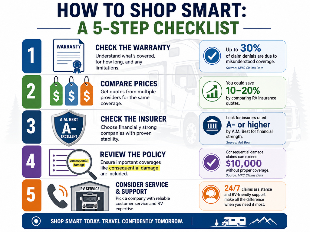Five-step infographic checklist for buying an RV extended warranty.