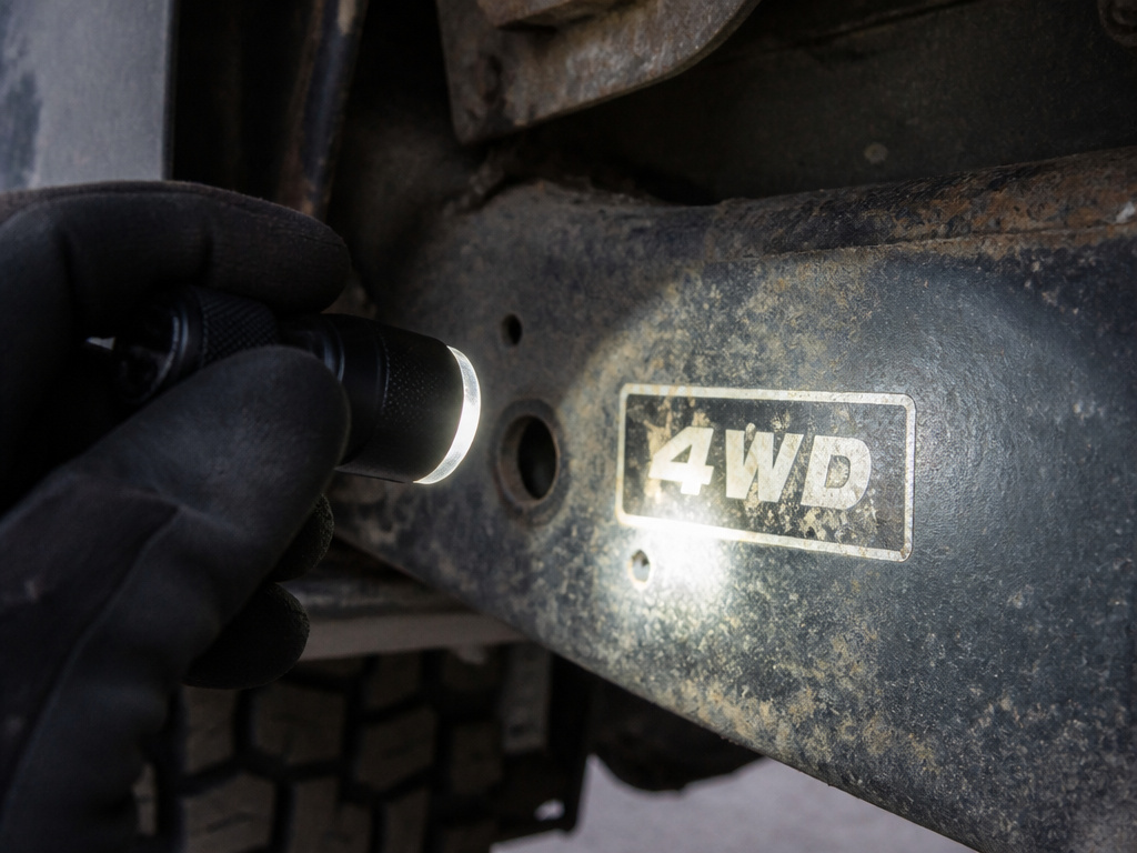 Close-up of a faded 4WD identification sticker on a truck's frame rail.