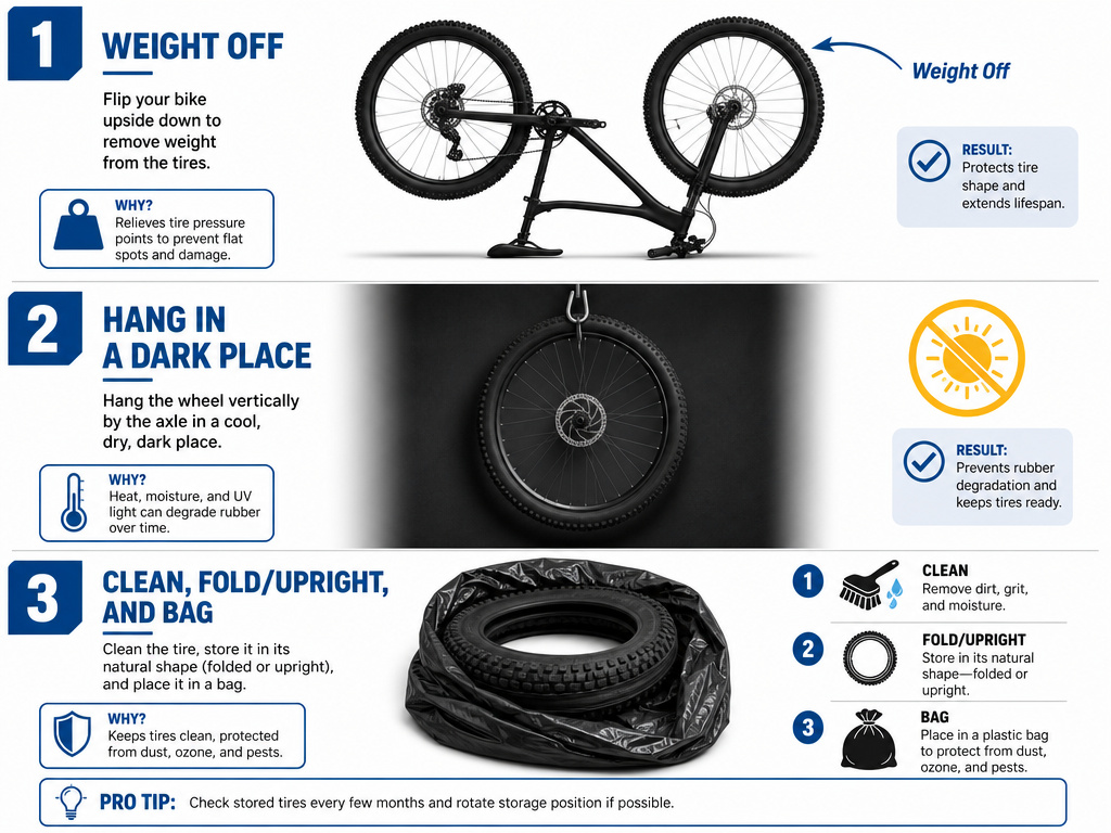 Proper bike tire storage methods to prevent flats during inactivity.