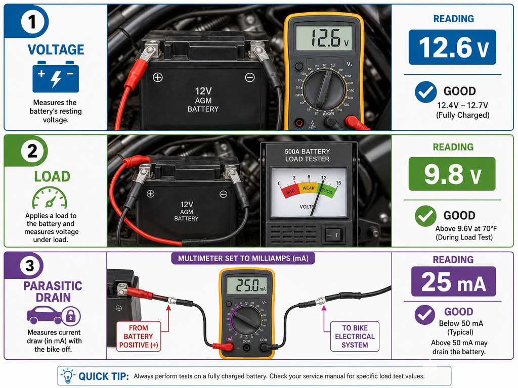 Three methods to test a motorcycle battery's voltage, load capacity, and parasitic drain.