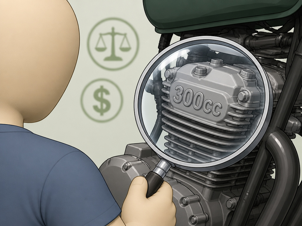 Rider using a magnifying glass to inspect engine CC rating while shopping.