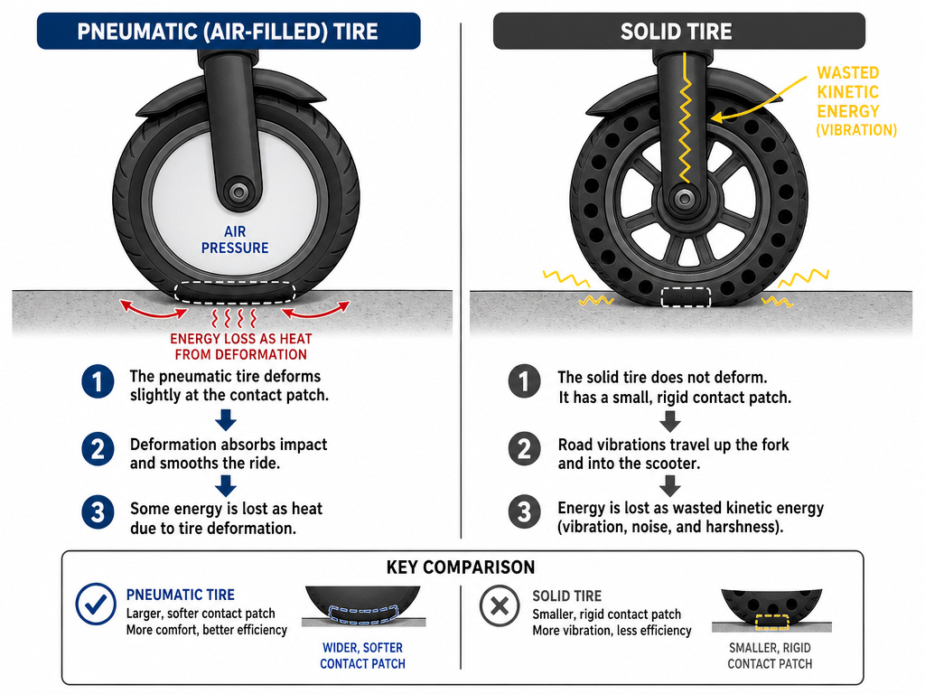 Diagram comparing rolling resistance and energy loss in scooter tire types.