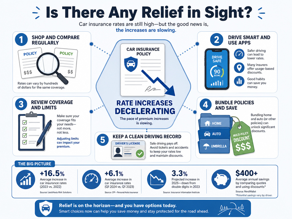 Infographic showing five ways to lower expensive car insurance costs.