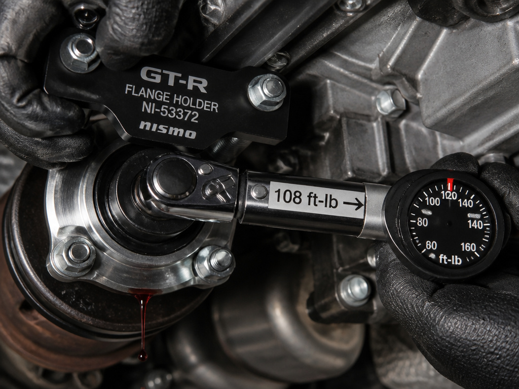 Mechanic using special tools to repair a Nissan GT-R transmission seal leak.