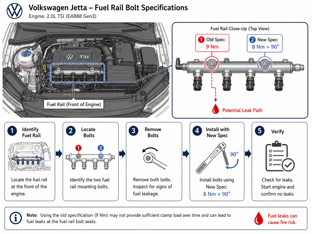 Diagram of Volkswagen Jetta fuel rail bolt recall showing torque specifications.