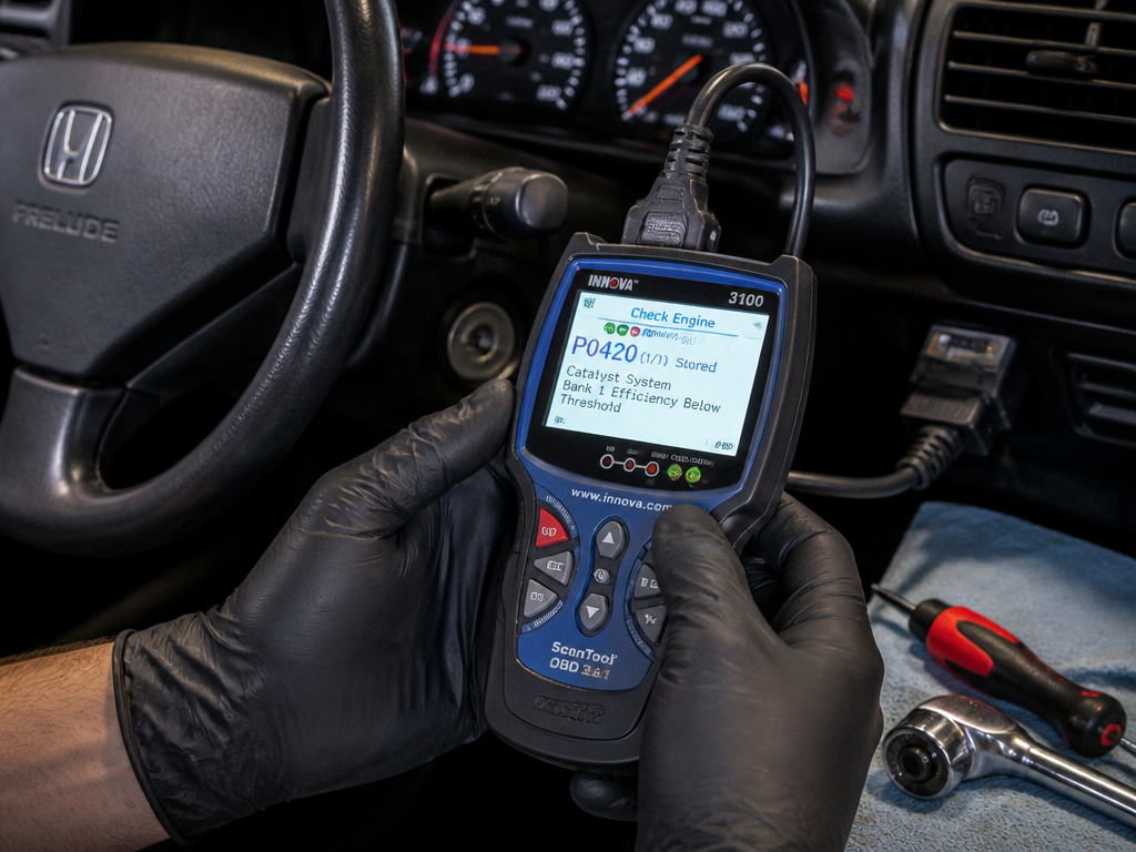 Mechanic diagnosing a check engine light on a classic Honda Prelude.
