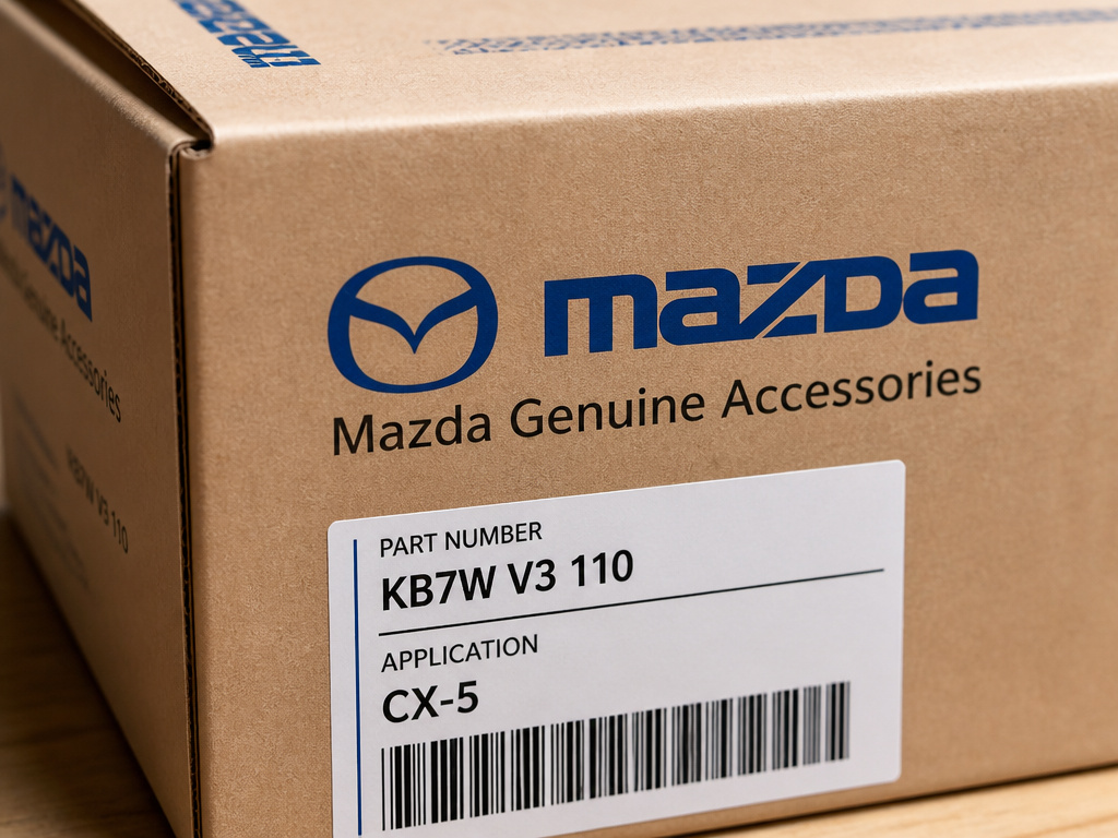 Close-up of Mazda Genuine Accessories packaging showing strict logo and barcode branding rules.