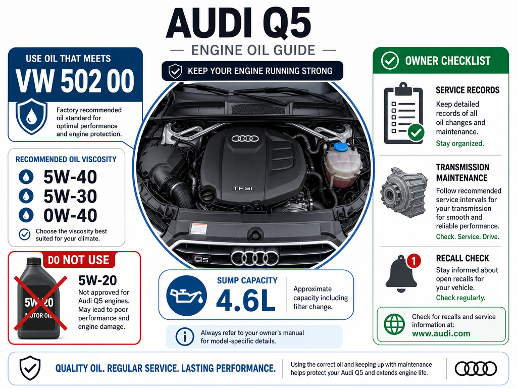 Audi Q5 maintenance infographic highlighting correct VW 502 00 engine oil specifications.