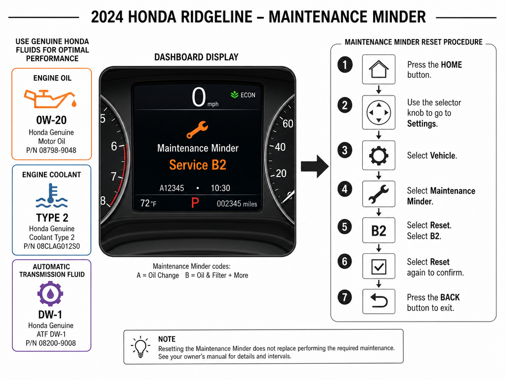 2024 Honda Ridgeline dashboard Maintenance Minder system and fluid specs diagram.