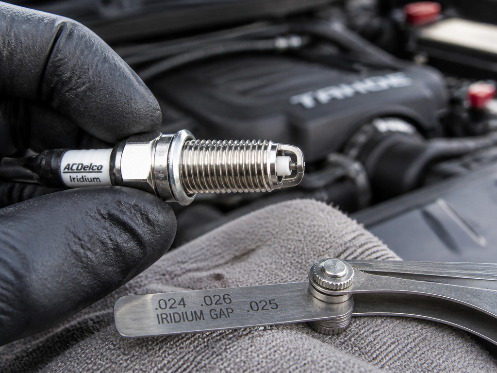 Close-up of spark plug gap verification for Chevrolet Tahoe V8 engine maintenance.