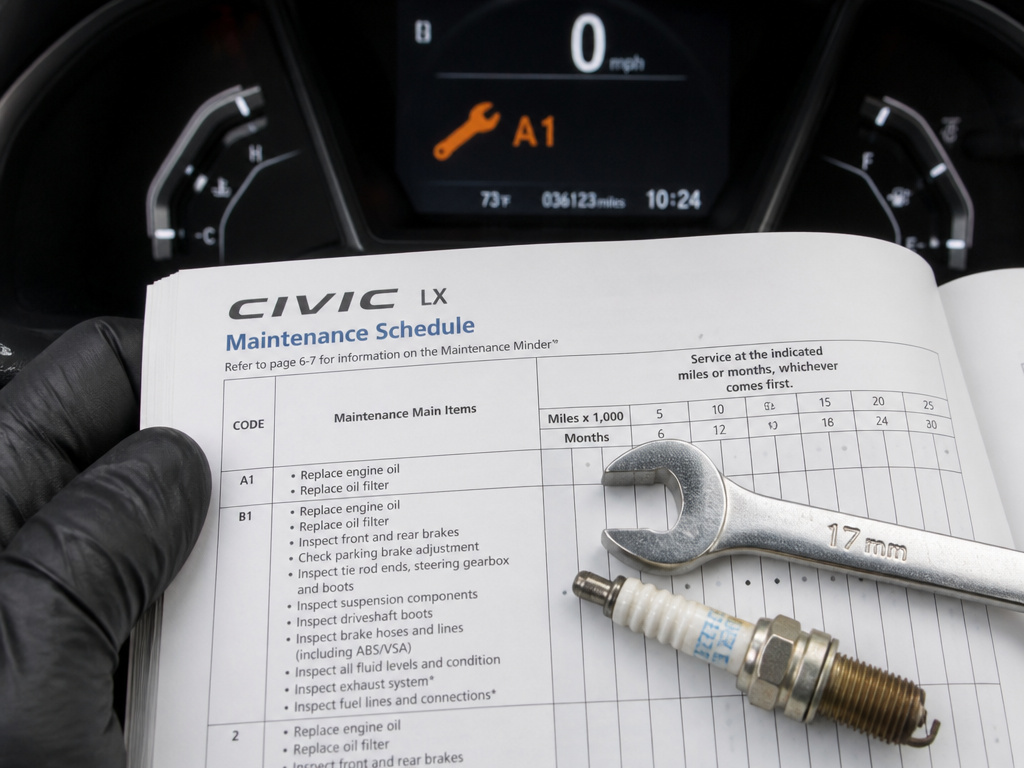 Honda Civic LX dashboard Maintenance Minder light next to a printed service schedule.
