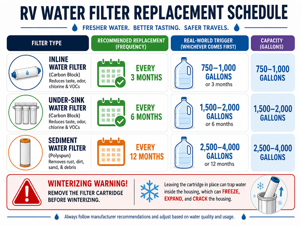 RV water filter maintenance and replacement schedule infographic for different filter types.