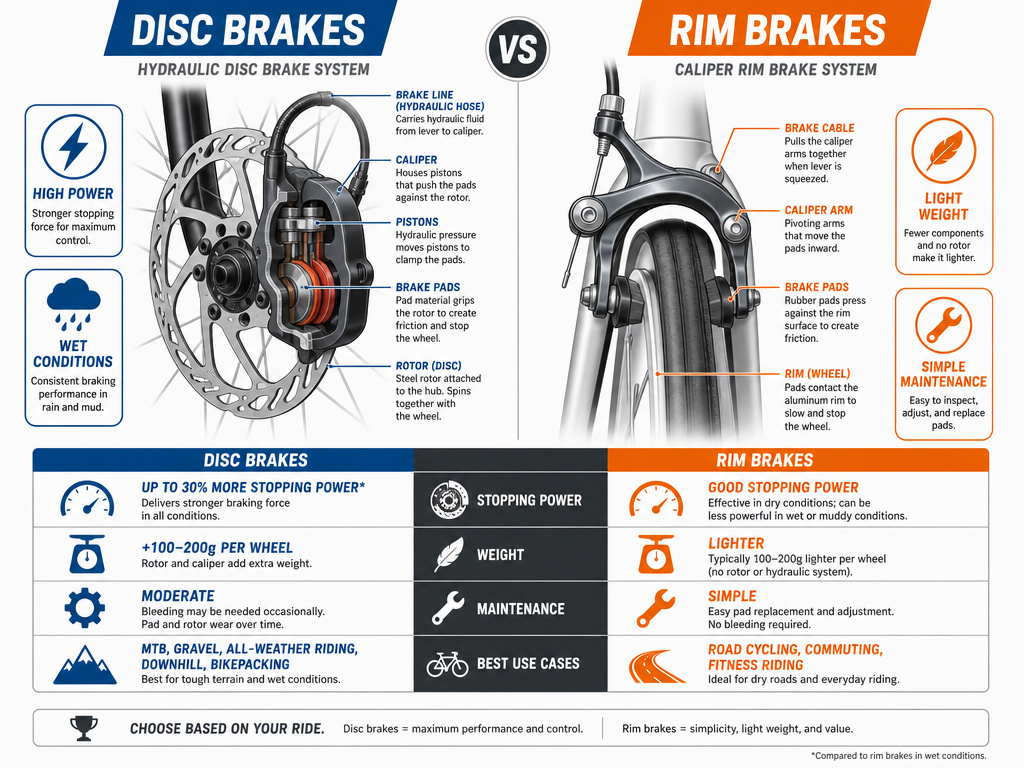Side-by-side comparison infographic of disc brake vs rim brake systems