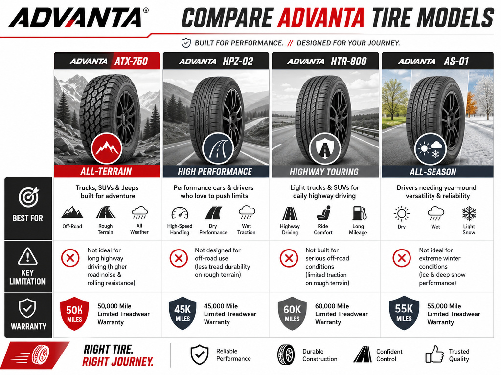 Advanta tire model comparison chart showing best uses and limitations.