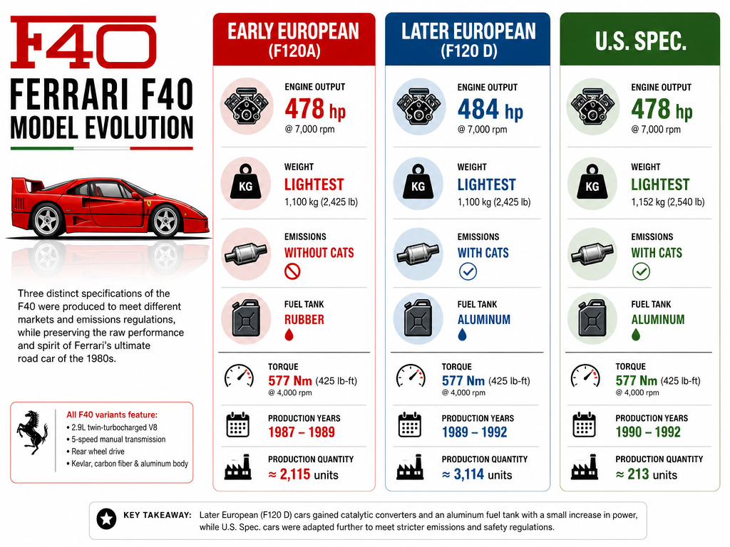 Ferrari F40 model year evolution infographic comparing F120A, F120 D, and U.S. Specs.