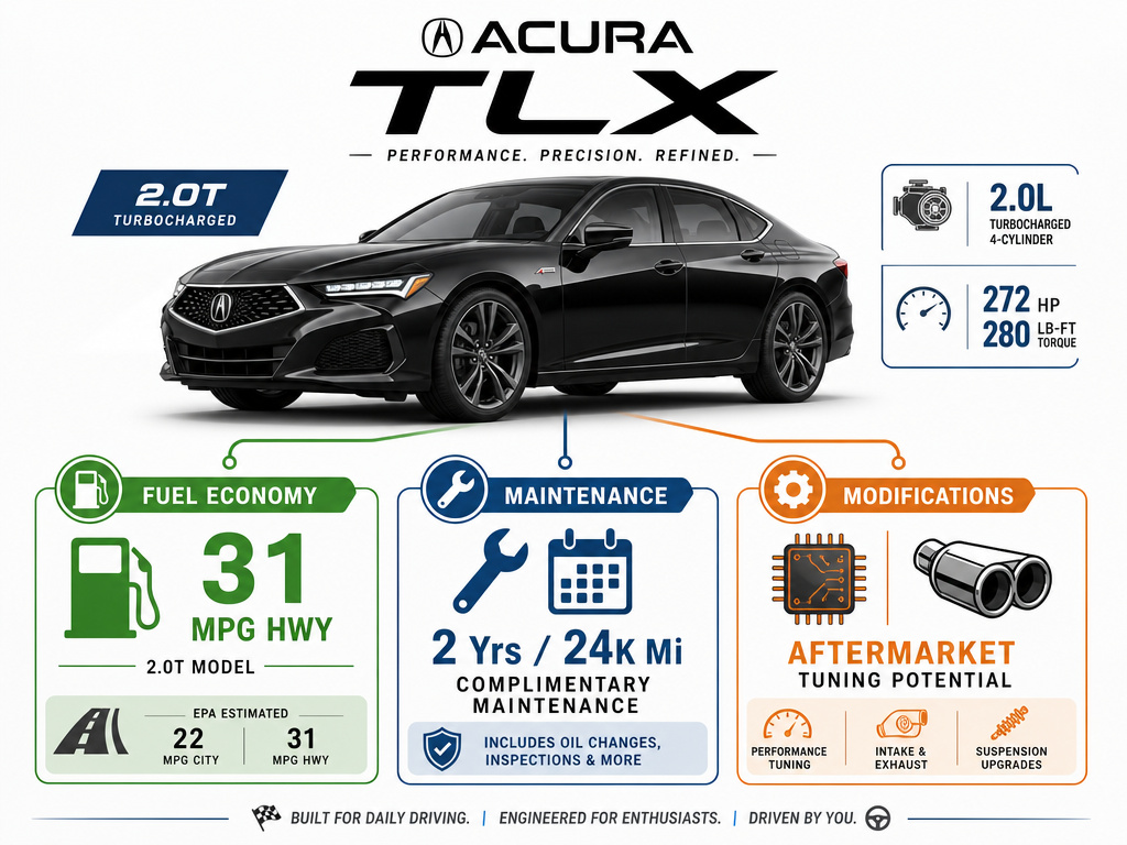 Acura TLX ownership costs infographic on fuel economy, maintenance, and modifications.