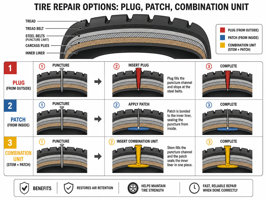Diagram comparing tire plug, patch, and combination repair methods.