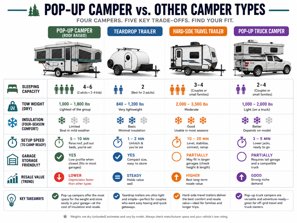 Infographic comparing pop up camper to teardrop, travel trailer, and truck camper.