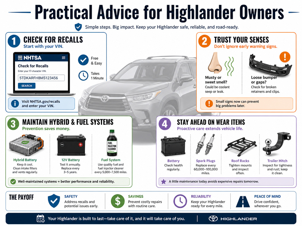 Toyota Highlander owner maintenance checklist infographic with four key steps.