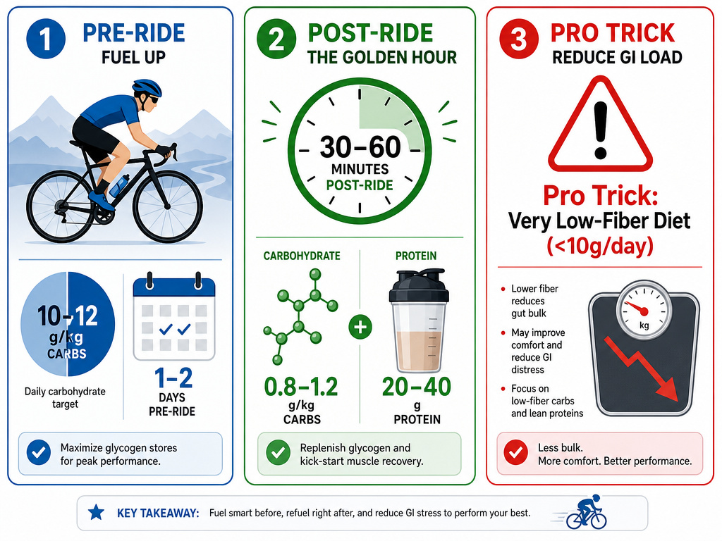 Infographic on pre-ride carbohydrate loading and post-ride recovery nutrition for cyclists.