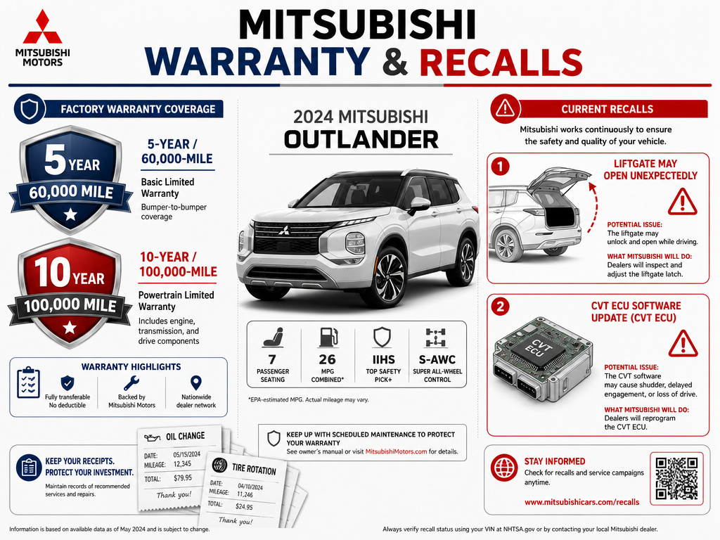 Mitsubishi warranty coverage details and critical recall information infographic
