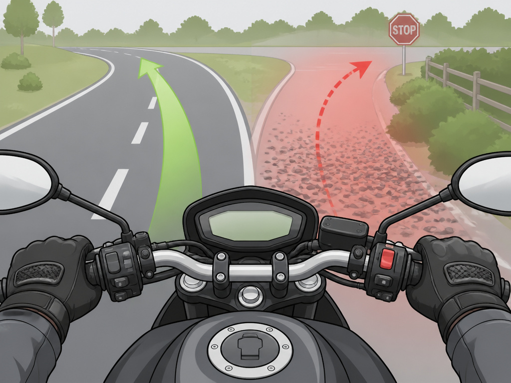 Motorcycle rider's view scanning for specific road hazards to avoid target fixation