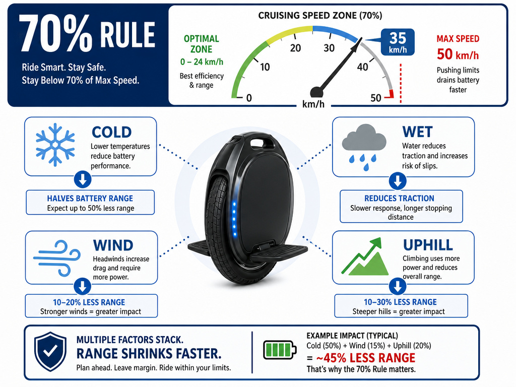 Infographic on electric unicycle safety margins and environmental risk factors