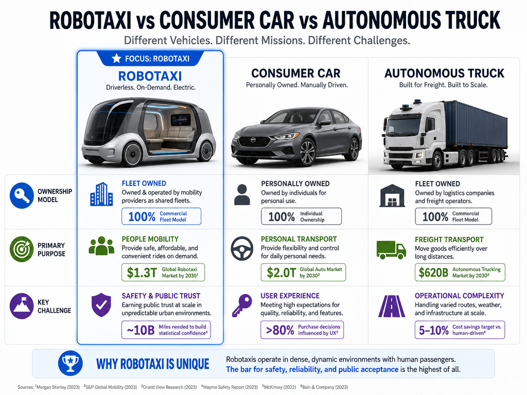 Infographic comparing robotaxis, consumer ADAS, and autonomous trucks