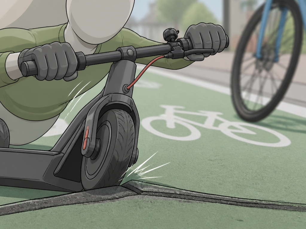 Electric scooter wheel hitting a pavement seam in a designated bike lane.