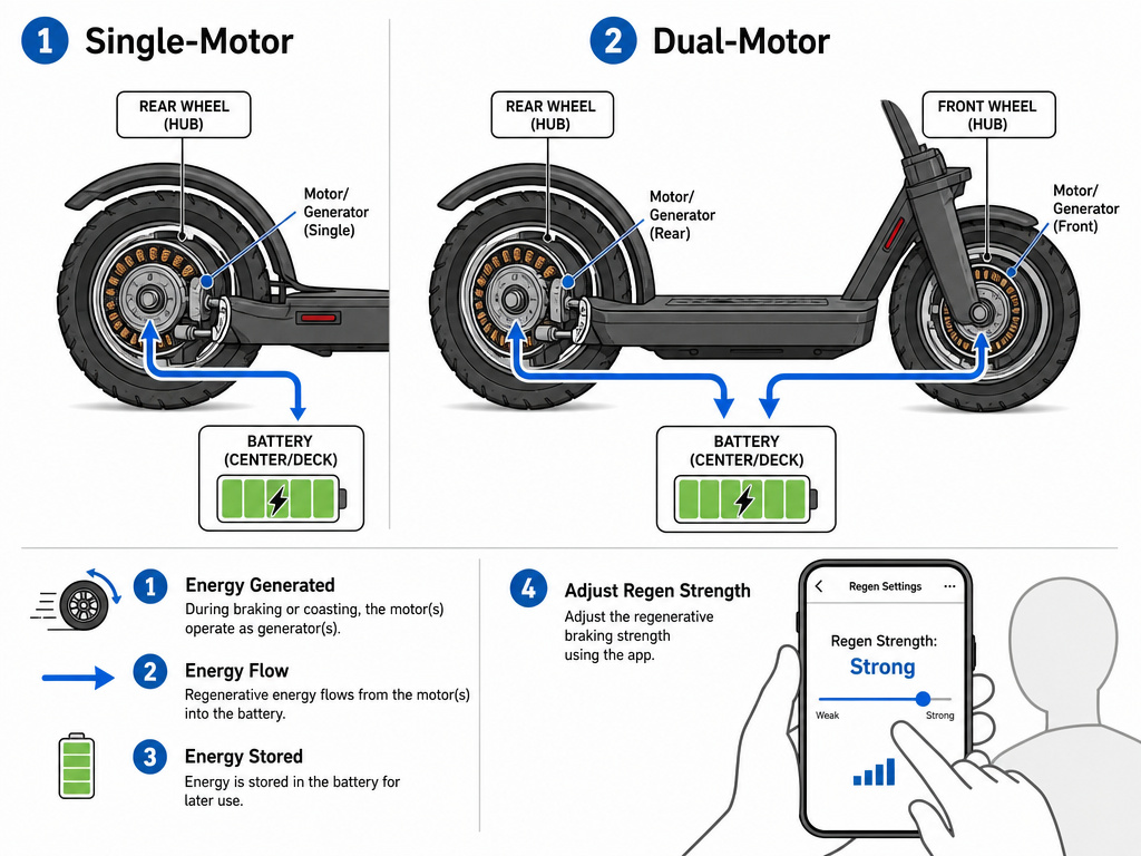 Diagram comparing single-motor and dual-motor regenerative braking systems on scooters.